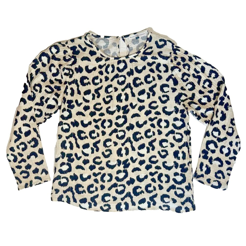 Michelle McDowell Cotton Gauze Leopard Print Blouse Women's L Blue Black Boho